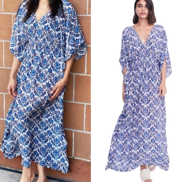 Rujuta Sheth x Anthropologie Marie White Blue Lotus  Maxi Kaftan Dress - S / M - Picture 1 of 16